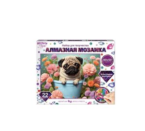 Алмазная мозаика 40*50 с подрамником мопс в цветах МУЛЬТИ АРТ