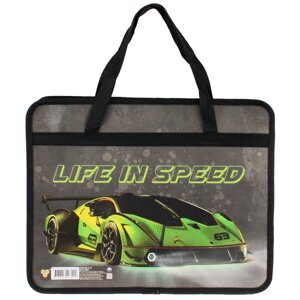 Папка детская с ручками А4 пласт. с рисунком на молнии Life in speed
