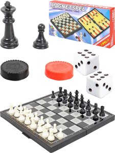 Игра 3 в 1. Шахматы, шашки, нарды пластиковые на магните 18х18см.(Арт. И-0146)