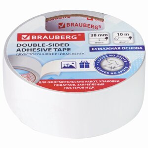 Клейкая двухсторонняя лента 38мм х 10м, БУМАЖНАЯ ОСНОВА, BRAUBERG, 229056