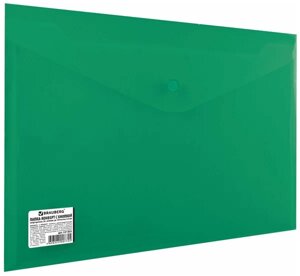 Папка-конверт с кнопкой BRAUBERG, А4, до 100 листов, непрозрачная, зеленая, сверхпрочная 0,2 мм, 221363 В