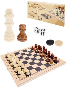 Игра 3 в 1 дерево (шахматы, шашки, нарды) (24х14.5х3 см) фигуры-дерево в коробке (Арт. ИН-9466)