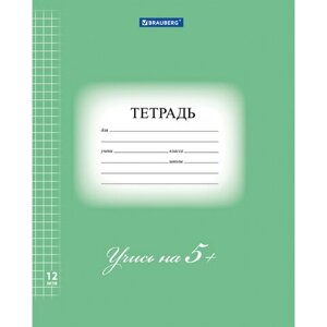 Тетрадь 12л. BRAUBERG ЭКО "5-КА", клетка, обложка плотная мелованная бумага, ЗЕЛЕНАЯ