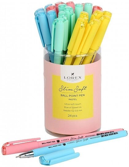 Ручка масляная LOREX PASTEL Slim Soft синяя, игловидный наконечник, 0,5 мм уп 24 от компании Интернет-магазин игрушек "Весёлый кот" - фото 1