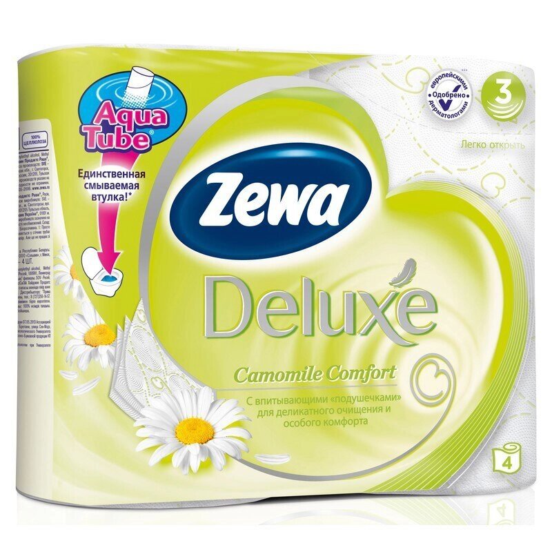 Бумага туалетная Zewa Deluxe 3-слойная белая с ароматом ромашки (4 рулона в упаковке) от компании Арсенал ОПТ - фото 1