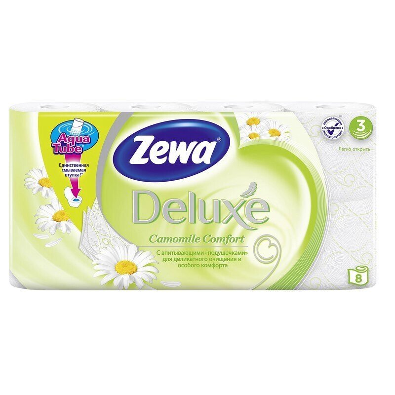 Бумага туалетная Zewa Deluxe 3-слойная белая с ароматом ромашки (8 рулонов в упаковке) от компании Арсенал ОПТ - фото 1