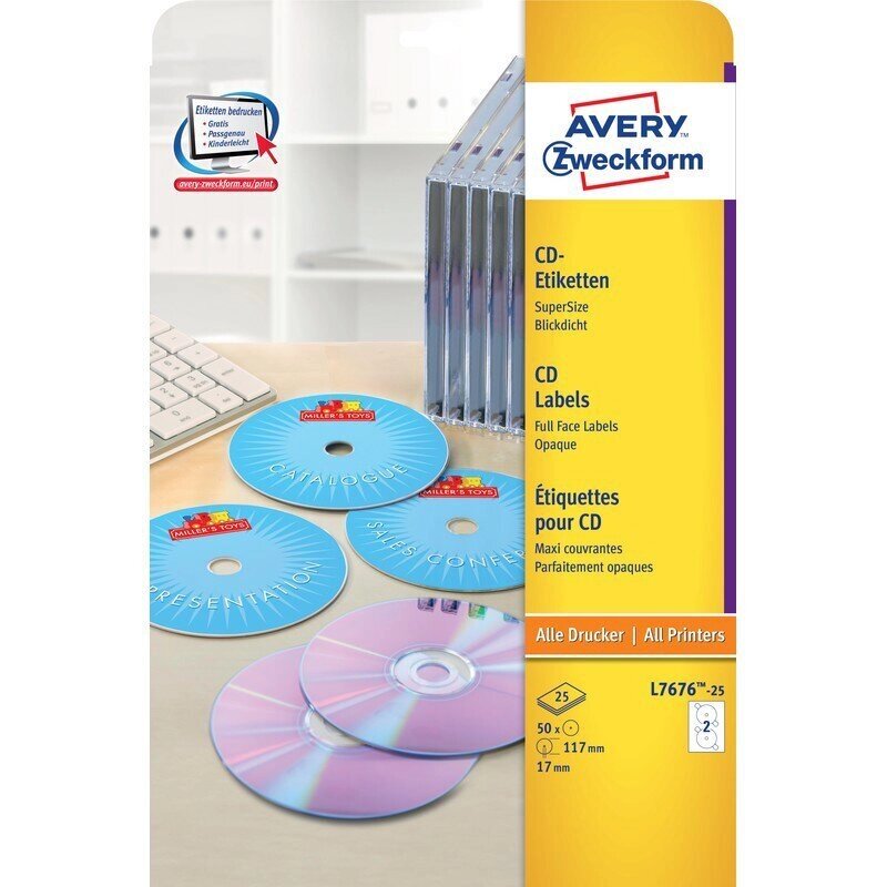 Этикетки самоклеящиеся для CD/DVD Avery Zweckform белые матовые диаметр 117 мм отверстие 17 мм (2 штуки на от компании Арсенал ОПТ - фото 1