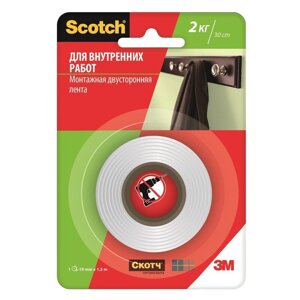 Клейкая лента монтажная двусторонняя 3M Scotch белая 19 мм x 1.5 м (для внутренних работ)