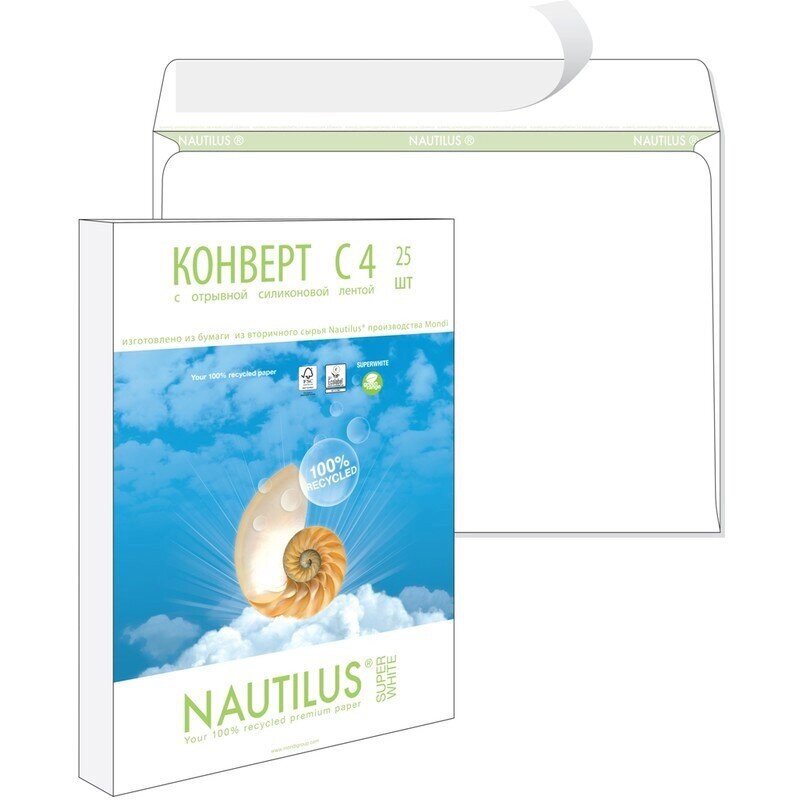 Конверт почтовый Nautilus C4 (229x324 мм) экологичный белый удаляемая лента (25 штук в упаковке) от компании Арсенал ОПТ - фото 1