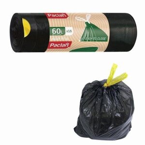 Мешки для мусора, 60 л, комплект 15 шт., рулон, ПВД, 60х72 см, 25 мкм, с завязками, черные, PACLAN "Eco Line"