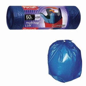 Мешки для мусора, 60 л, комплект 16 шт., рулон, ПВД, 60х75 см, 30 мкм, с ушками, синие, PACLAN "Multitop Lux"