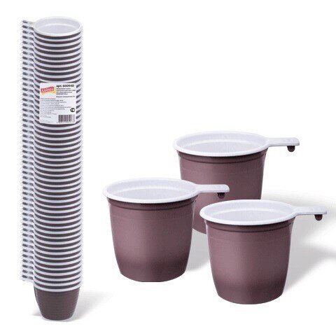 Одноразовые чашки ЛАЙМА Бюджет, комплект 50 шт., пластиковые, для чая и кофе, 0,2 л, бело-коричневые, ПП от компании Арсенал ОПТ - фото 1