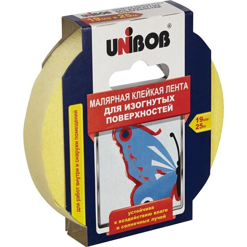 Клейкая лента малярная Unibob желтая 19 мм х 25 м для изогнутых поверхностей - Россия