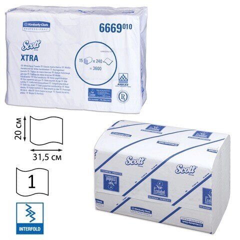 Полотенца бумажные 240 шт., KIMBERLY-CLARK Scott, комплект 15 шт., Xtra, белые, 31,5х20 см, Interfold, - особенности