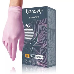 BENOVY, Перчатки нитриловые, розовые, 50 пар M