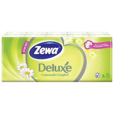 Платки носовые ZEWA Delux, 3-х слойные, 10 шт. х (спайка 10 пачек), аромат ромашки, 53107 - заказать