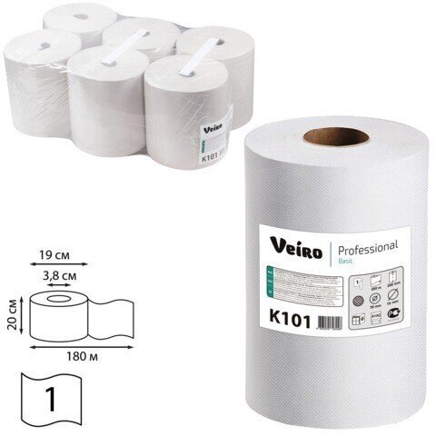Полотенца бумажные рулонные VEIRO (Система H1/A1, A2), комплект 6 шт., Basic, 180 м, белые, K101 от компании Арсенал ОПТ - фото 1